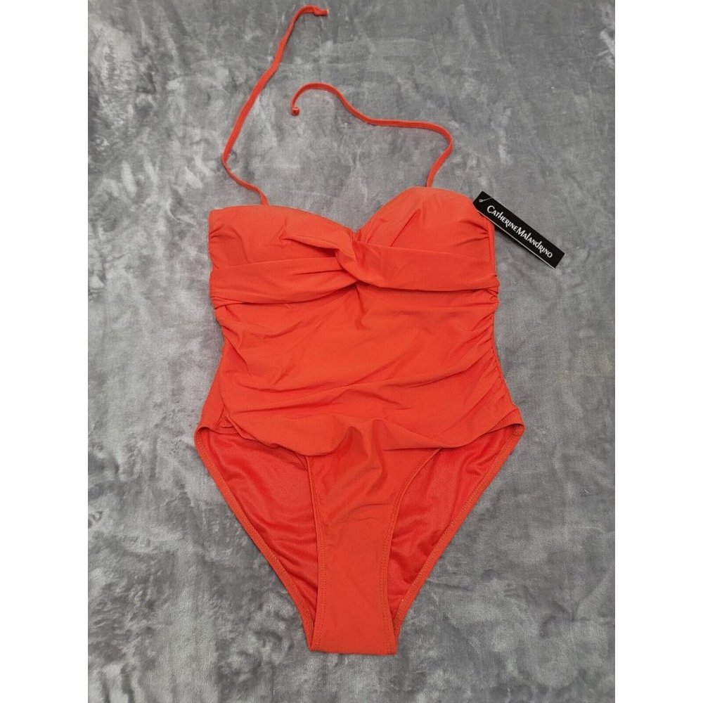 Catherine Malandrino 1pc Twisted Ruched Bandeau Swimsuit Fiesta Orange NWT Small